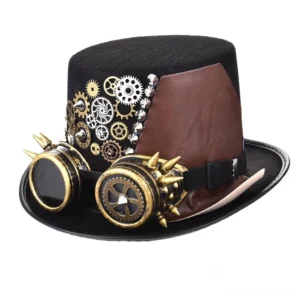 Black gothic top hat with brass spiked goggles, metal gears and silver rivets - left front three-quarter view