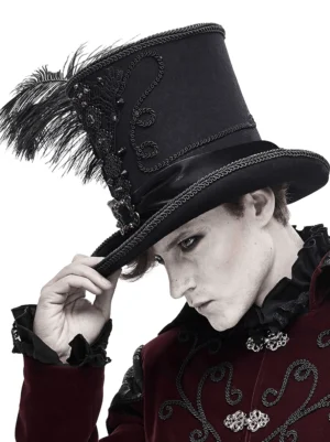 Black gothic top hat with ostrich feather and red rhinestone lace applique, side profile close-up on male model
