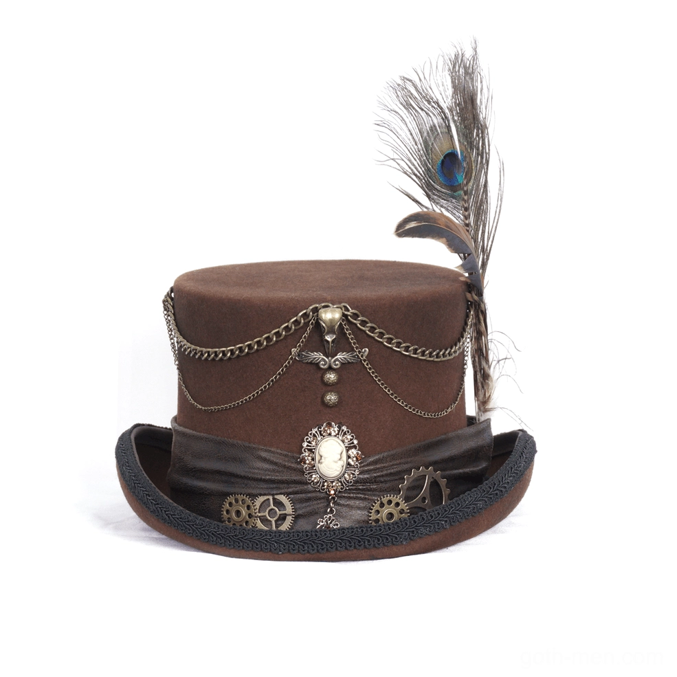 Flat lay view of gothic steampunk top hat displaying leather band, metal gears, peacock feather, and cameo details
