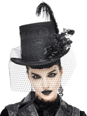 Gothic black top hat front view close-up with lace trim, fabric flowers, and ostrich feather on model with face veil
