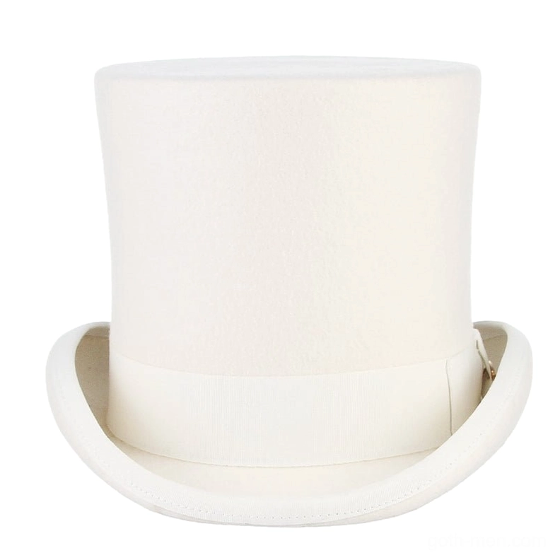 White ivory wool cylinder top hat direct front view with matching satin band and metal buckle accent