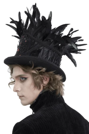 Black feathered gothic top hat side profile view displaying feather adornments and embroidered gem details on male cosplayer