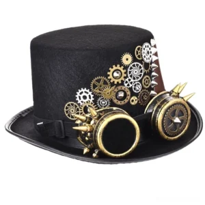 Black gothic steampunk top hat with mixed metal gears and spiked brass eyepieces - right front three-quarter view