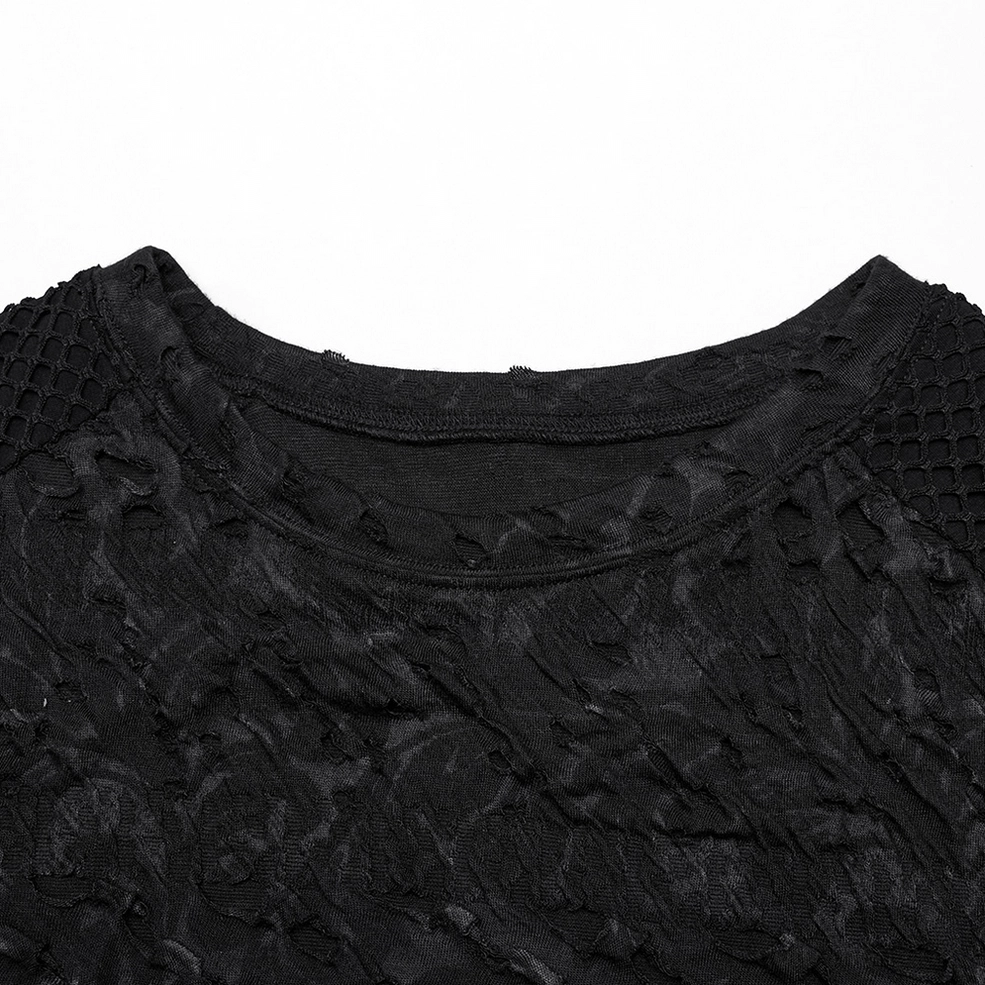 Neckline close-up of dark elegance gothic long sleeve top showing ribbed crew neck construction and distressed weave