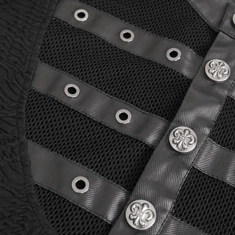 Pyramid rivet studs and textured black fabric on gothic stand collar top shoulder strap