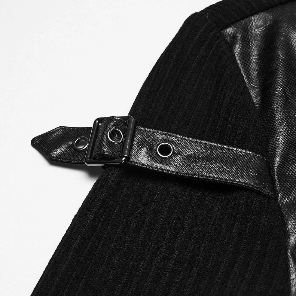 Shoulder strap detail of gothic top showing faux leather buckle and ribbed knit fabric construction