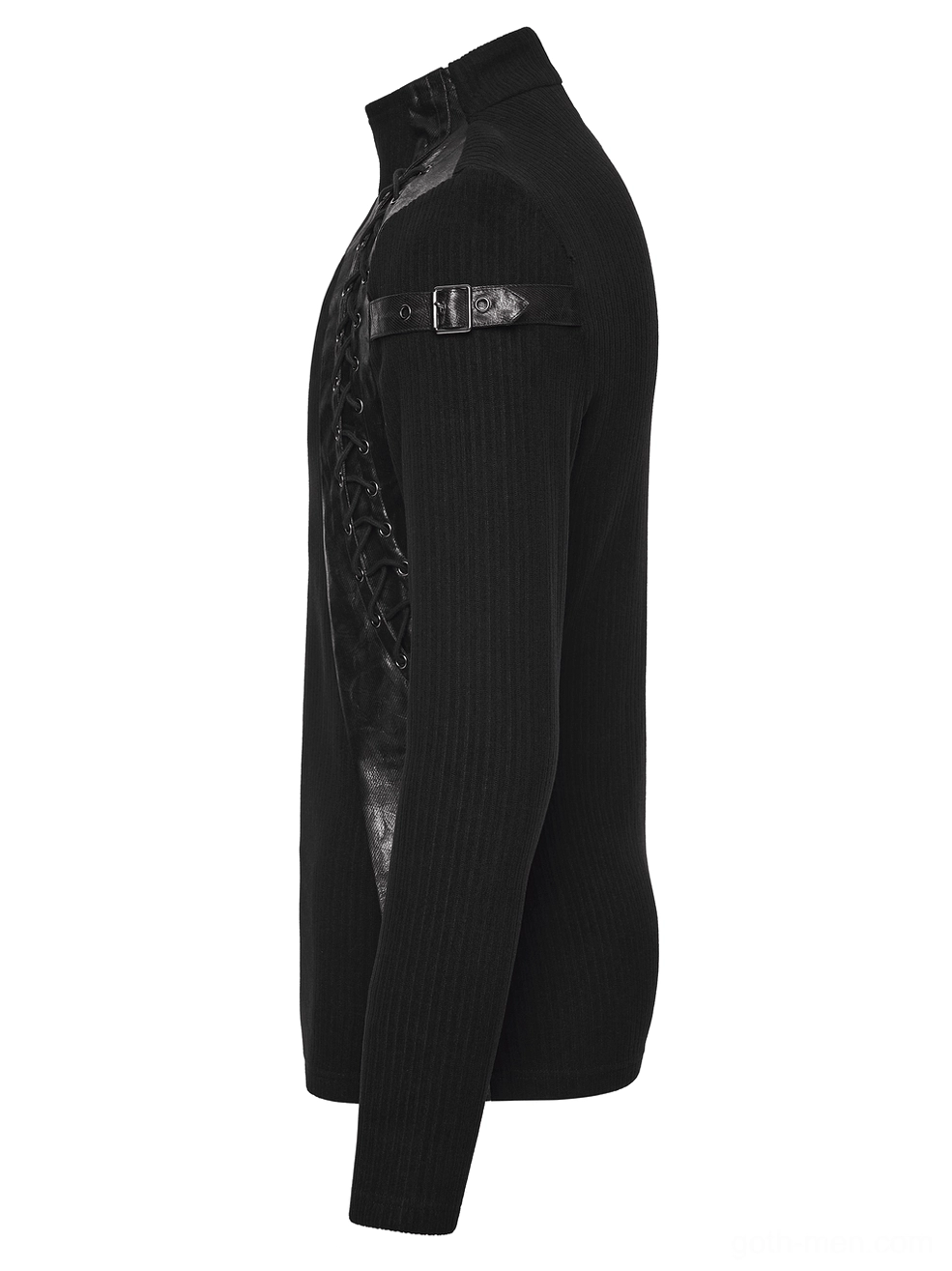 Side view of black gothic top displaying faux leather shoulder buckle and structural panels