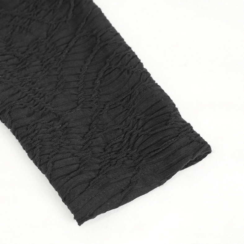 Close-up of black crinkled textured sleeve fabric on gothic rivet top