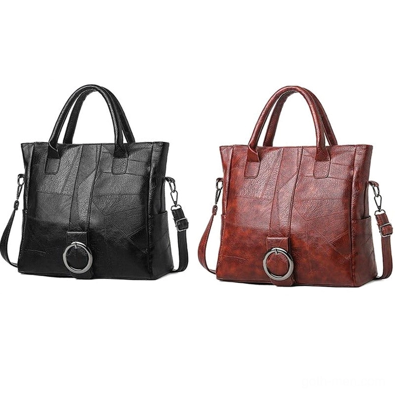 Black and wine red gothic vintage leather totes displayed together - color comparison overhead view