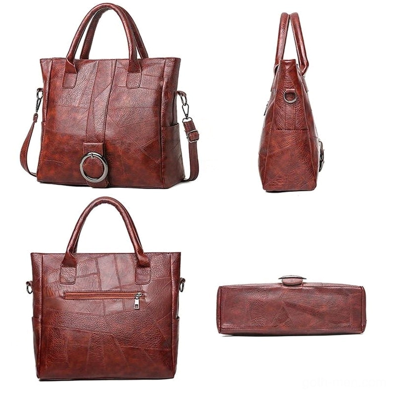 Wine red gothic handbag detail shots - front zipper pocket, side profile and matching leather pouch