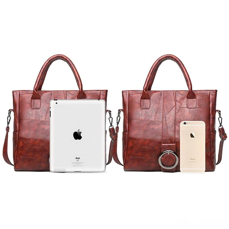 Gothic leather tote capacity test - vintage bag fits tablet and smartphone inside with organized storage