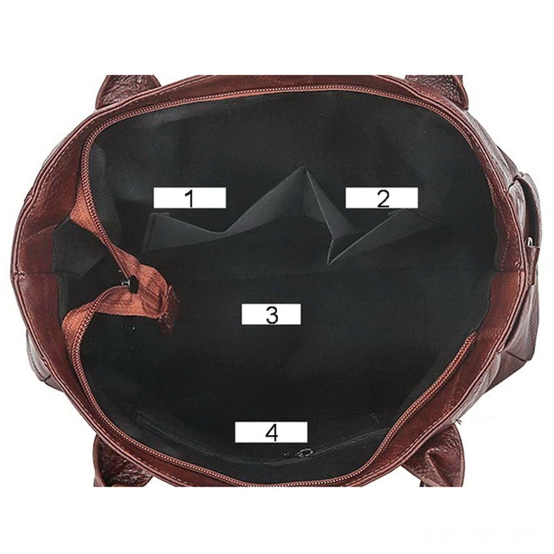 Gothic vintage PU leather tote bag interior organization - cell phone pocket and zipper compartments