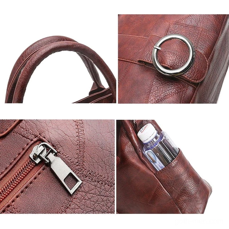Gothic retro leather tote with metal ring accent - minimalist patchwork texture close-up detail