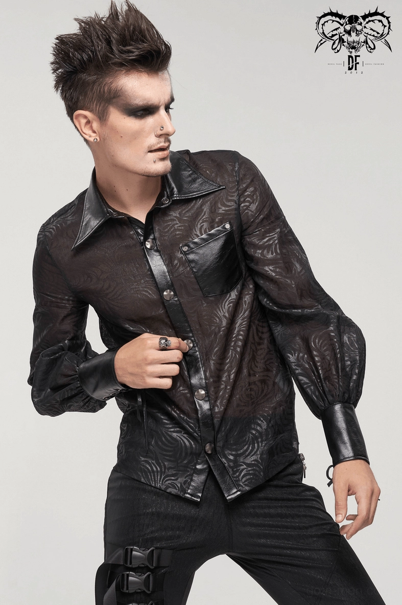Black gothic transparent jacquard shirt styled composition showcasing sheer fabric, PU leather accents, and alternative fashion aesthetic