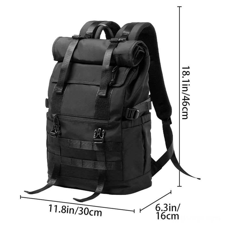 Large black durable travel backpack front three-quarter view with dimension markings and specifications