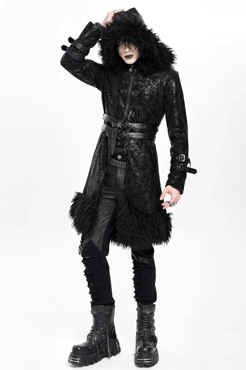 Alternative styling view of black gothic trench coat with faux fur trim, cracked leather base and architectural strap design