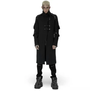 Black gothic asymmetric high collar trench coat for men - front full-body view with metal shoulder straps and rivet details