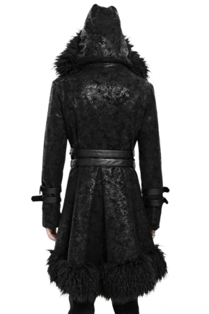 Rear view of gothic hooded fur trim trench coat on mannequin showcasing textured black cracked fabric and waist belt construction