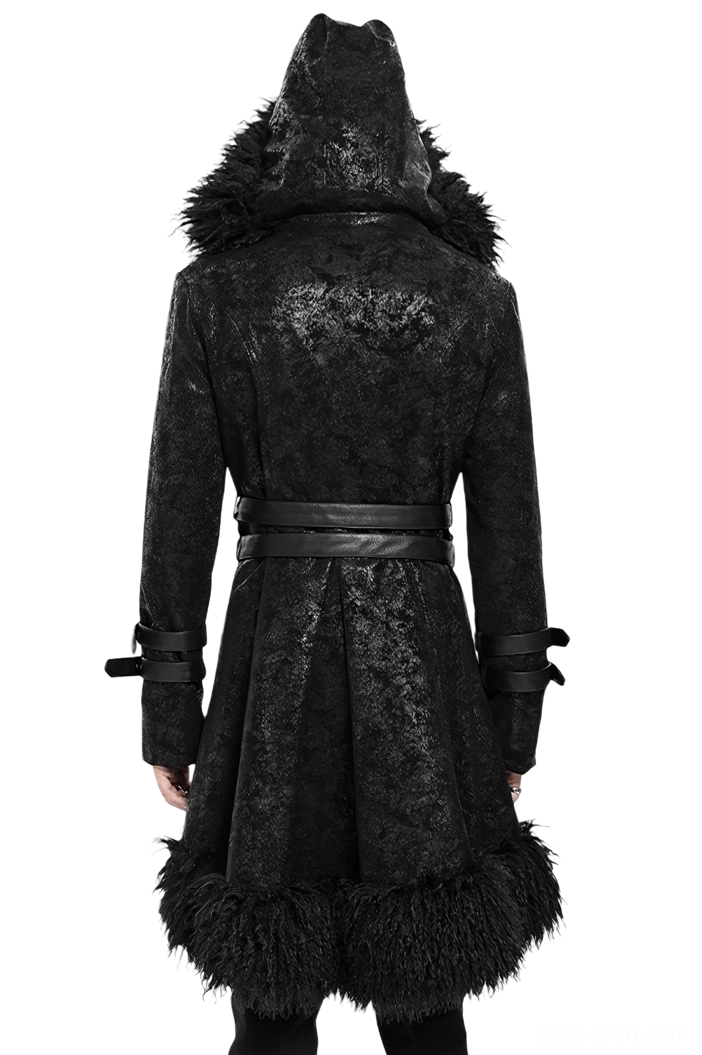 Rear view of gothic hooded fur trim trench coat on mannequin showcasing textured black cracked fabric and waist belt construction