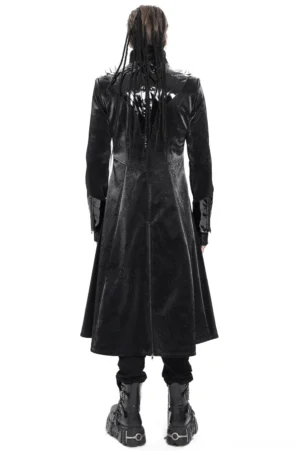 Black gothic coat with back zipper and glossy patent leather insert, rear full-body view