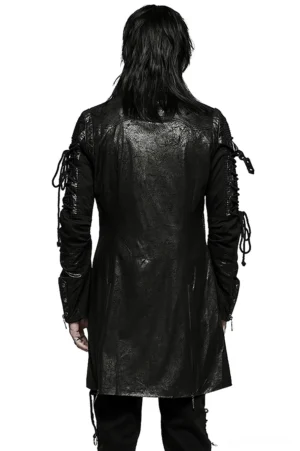 Gothic trench coat back view displaying textured leather and lace-up arm accents on model