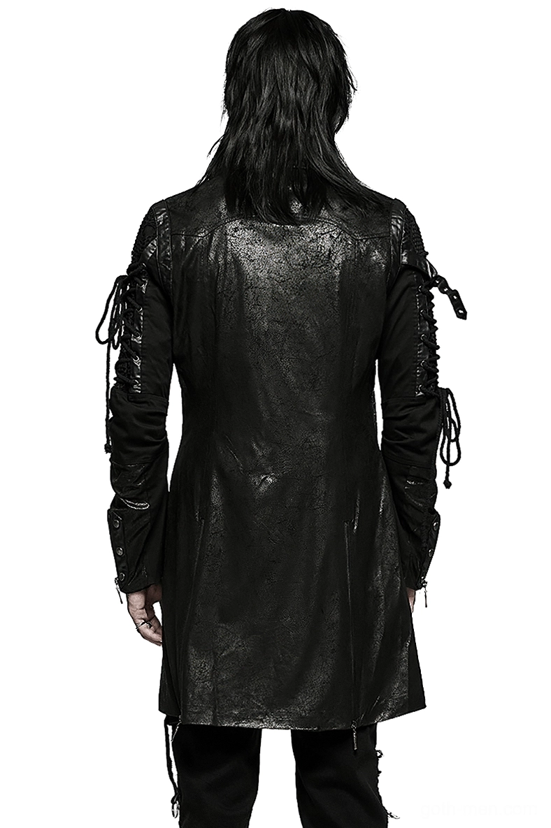 Gothic trench coat back view displaying textured leather and lace-up arm accents on model