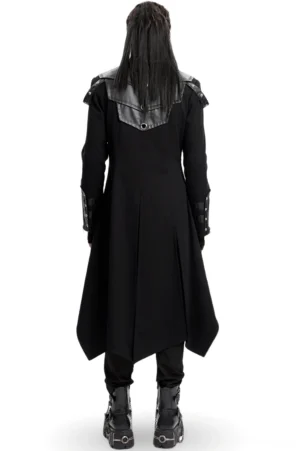 Back view of gothic trench coat showing split hem panel and leather upper back detail with metal hardware accents