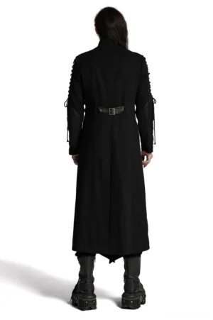 Black gothic long coat with lace-up sleeves and mesh panels rear full body view