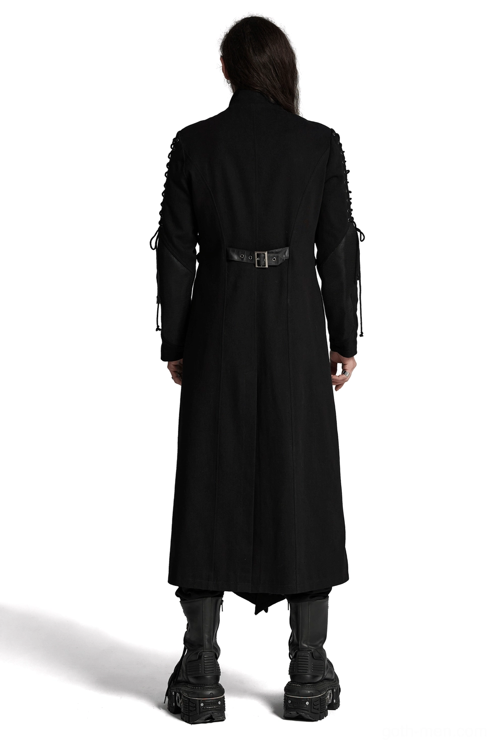Black gothic long coat with lace-up sleeves and mesh panels rear full body view