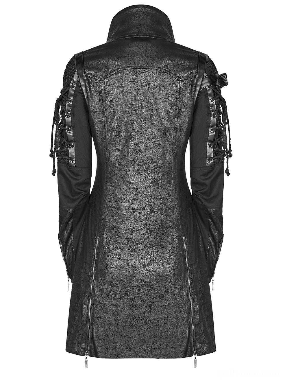 Gothic trench coat full back view showing cracked leather texture and bottom hem zippers