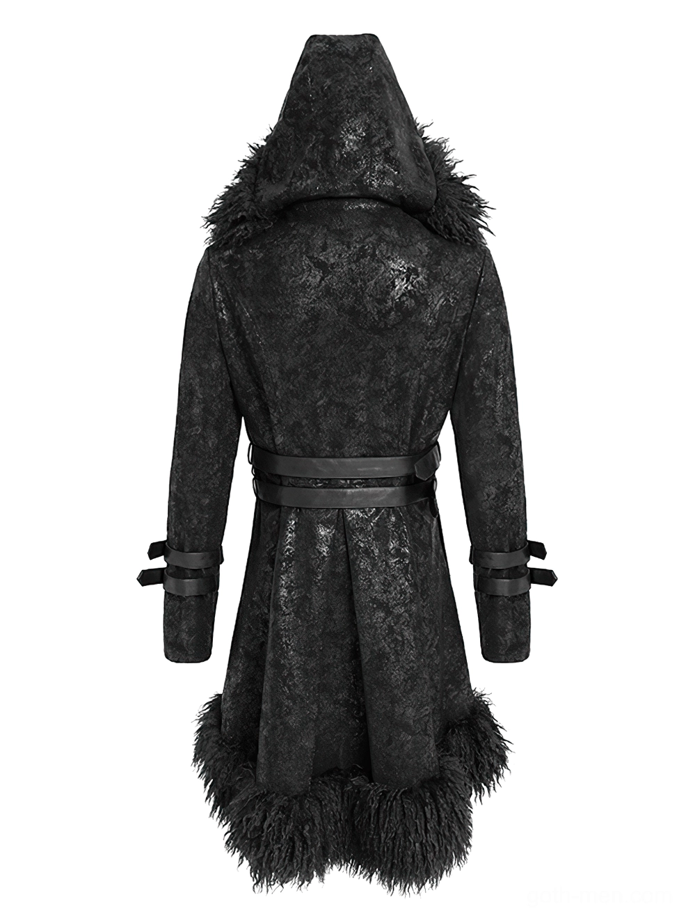 Rear view of black gothic hooded trench coat with waist belt, cuff straps and plush faux fur hem design