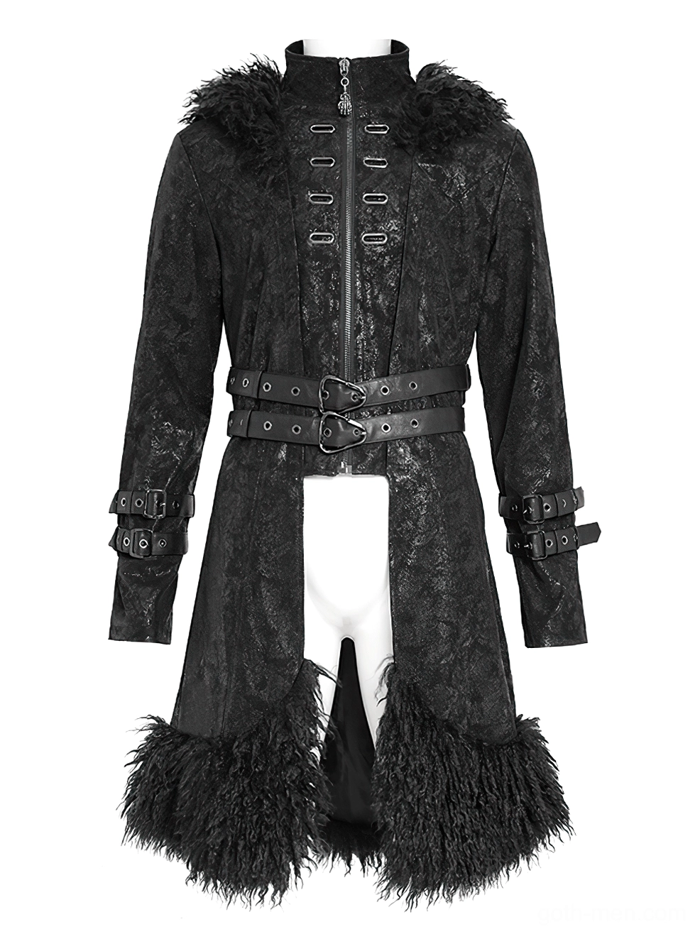 Gothic faux fur trench coat on mannequin highlighting single waist belt, toggle fastenings and luxurious faux fur collar trim