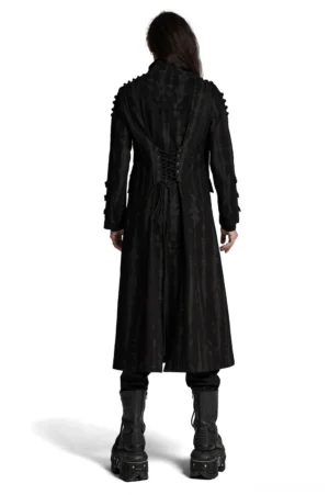Black gothic trench coat with lace-up corset back - rear view showing crisscross fastening detail