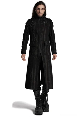 Black tie-dye gothic trench coat with pyramid rivets and mesh waist - front view on male model