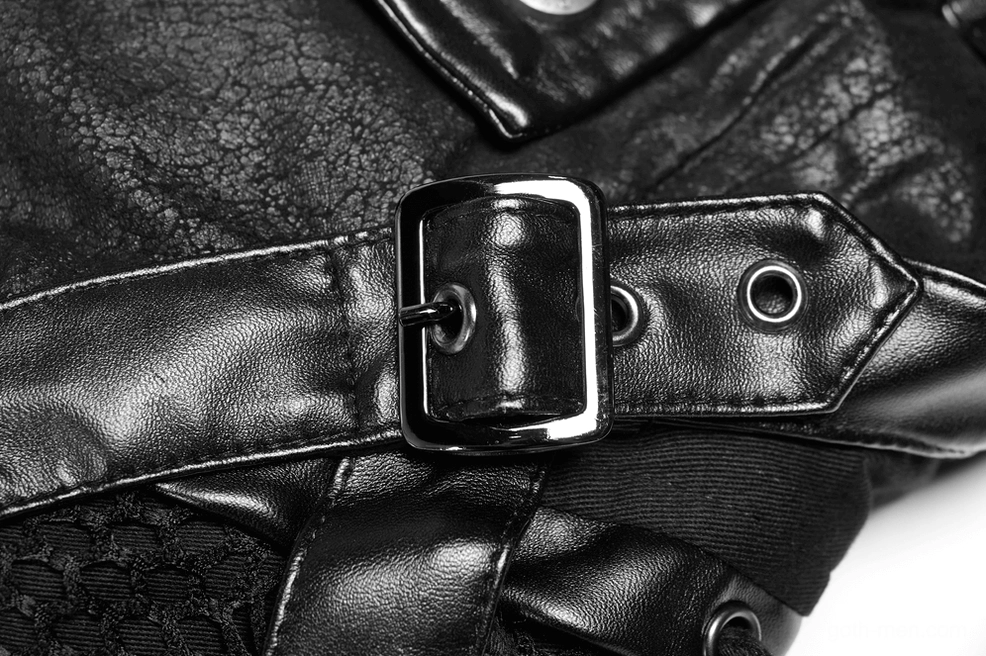 Close-up view of black gothic coat strap with silver-toned buckle and metal eyelets