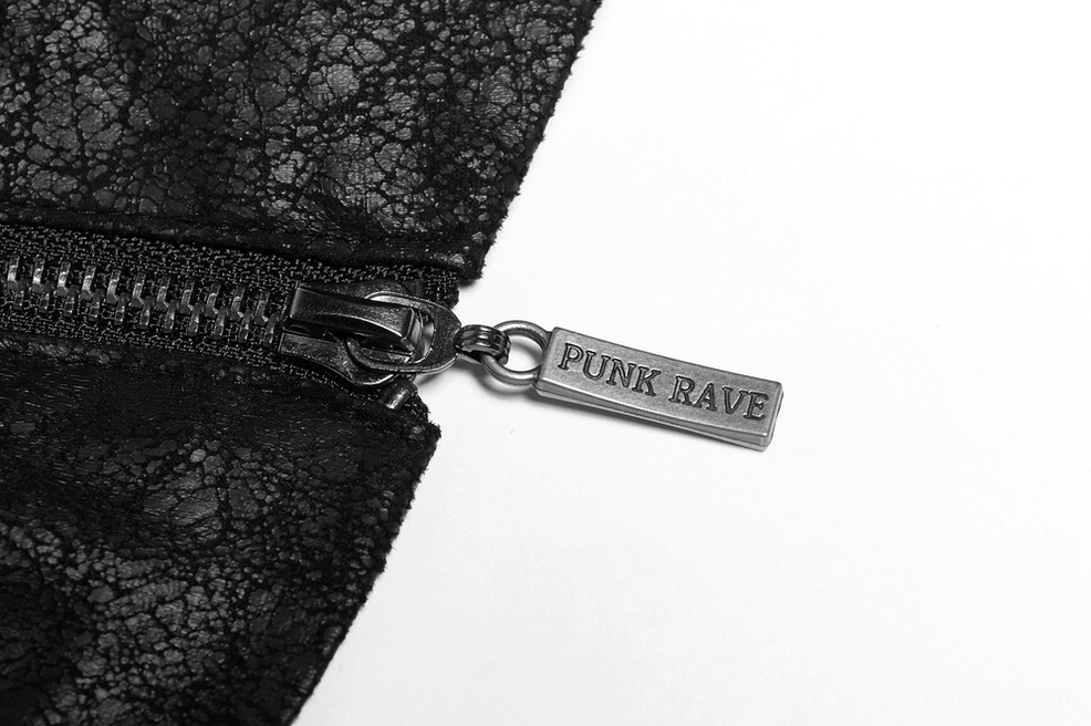 Black gothic trench coat collar and shoulder detail showing structured design and stitching