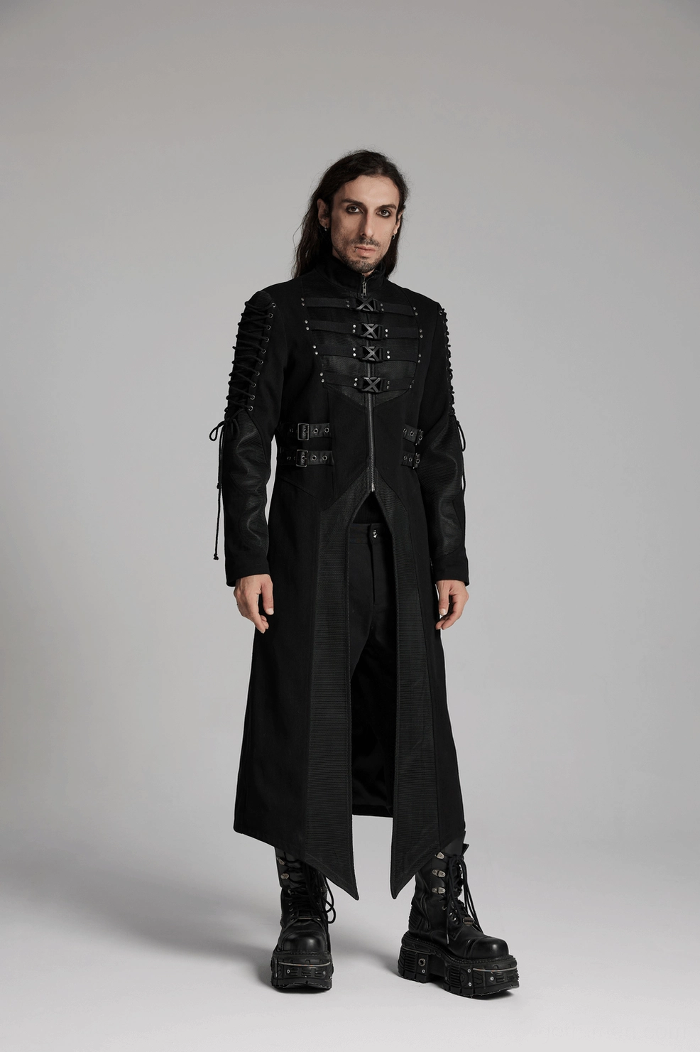 Black gothic long trench coat detailed view of structural design and fabric composition