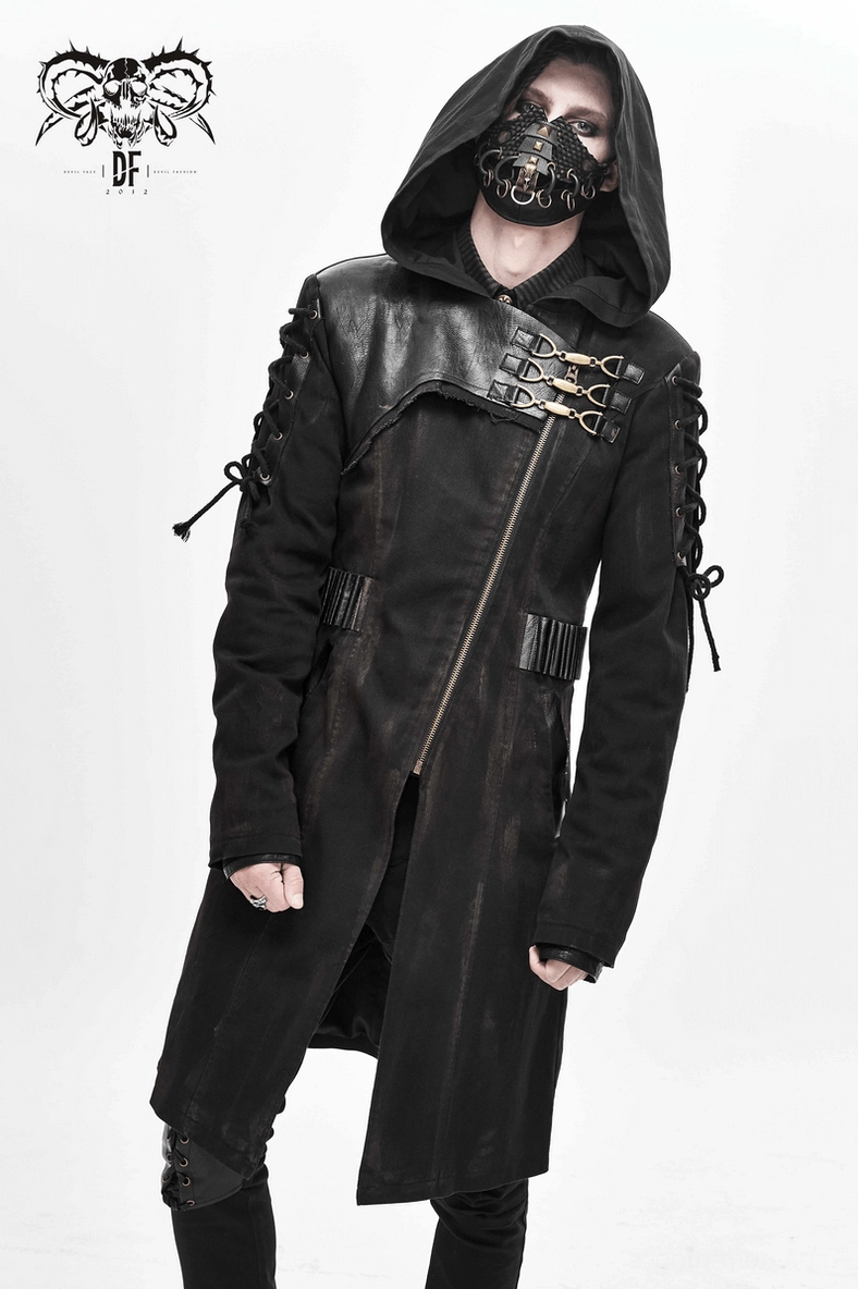 Close-up detail of gothic hooded trench coat cuff opening and lace-up sleeve fastening system