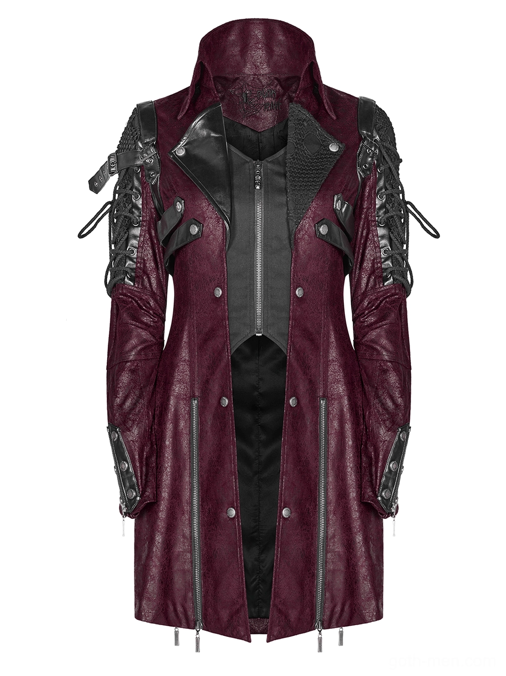 Gothic burgundy leather trench coat front flat lay showing dual zippers and mesh lining detail