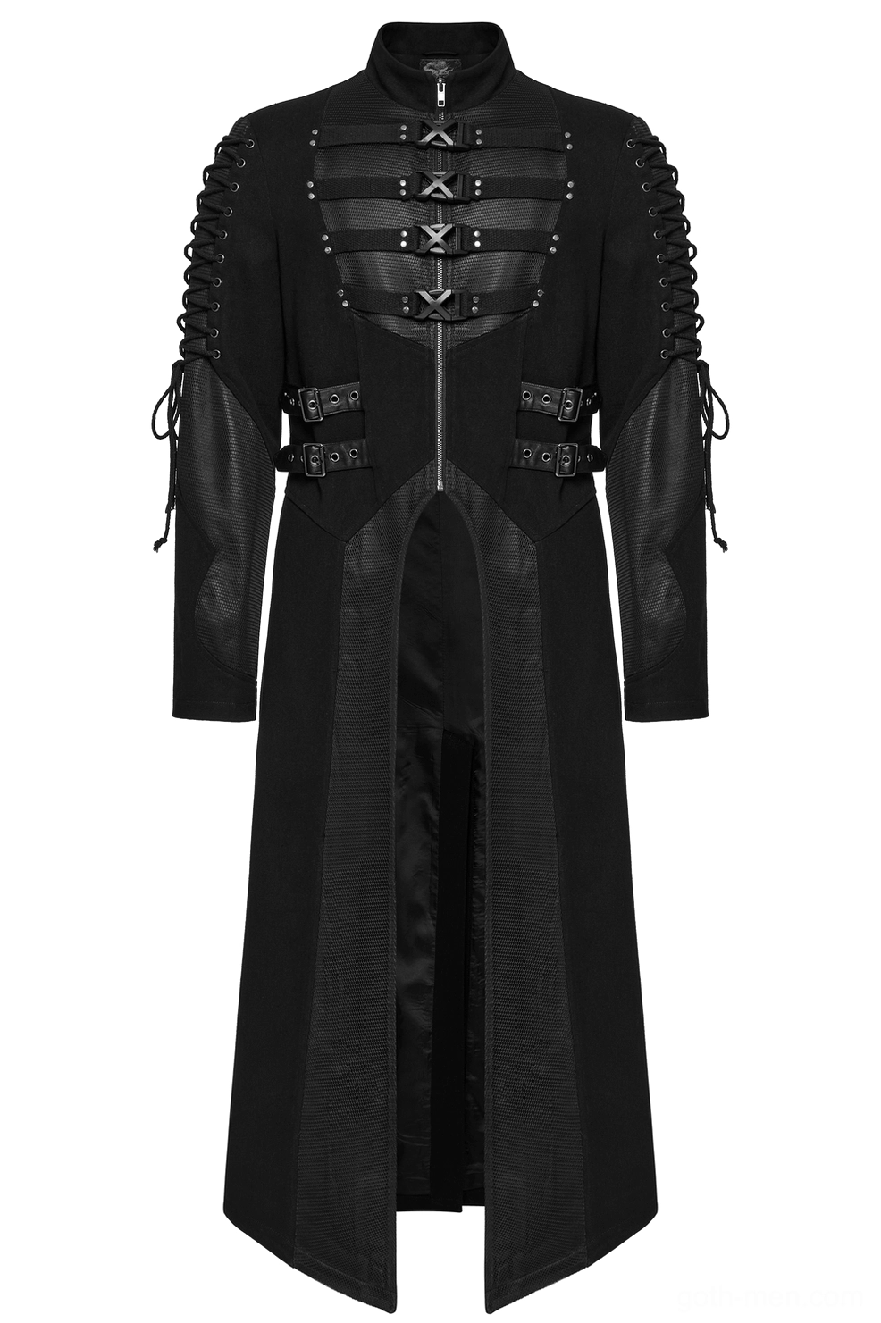 Black gothic coat front flat lay mirrored view with central front zipper and split hem