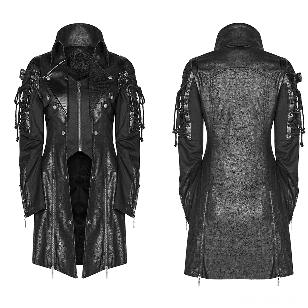 Black gothic trench coat flat lay front view showing high collar and dual closure system