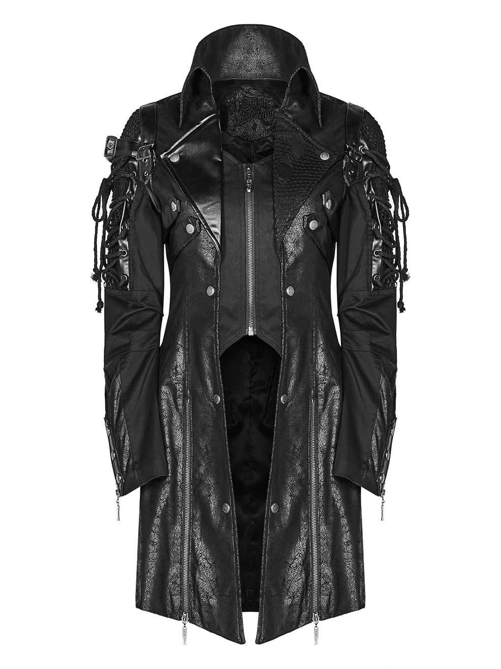 Gothic men's trench coat front view displaying exposed inner lining and zipper placket