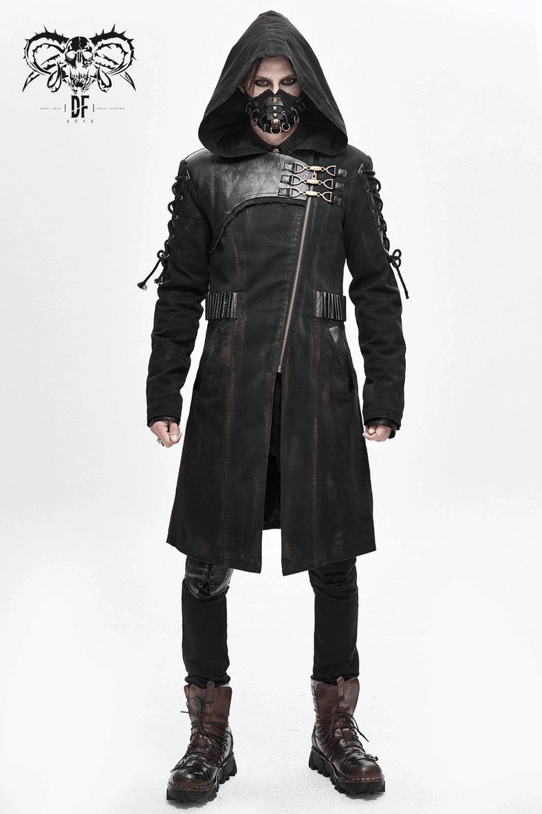 Gothic trench coat hood and shoulder detail showing structured design and metal buckle placement