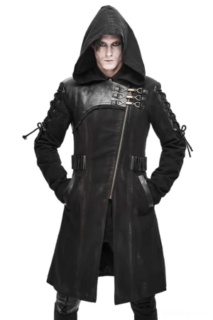 Black gothic hooded trench coat with lace-up sleeves front three-quarter view showing leather shoulder panels and buckle details
