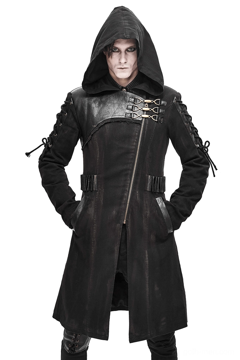 Black gothic hooded trench coat with lace-up sleeves front three-quarter view showing leather shoulder panels and buckle details