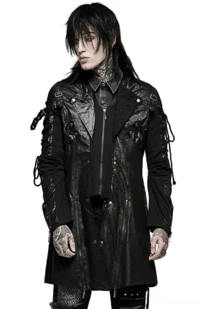 Black gothic lace-up trench coat front three-quarter view on male model wearing cracked faux leather