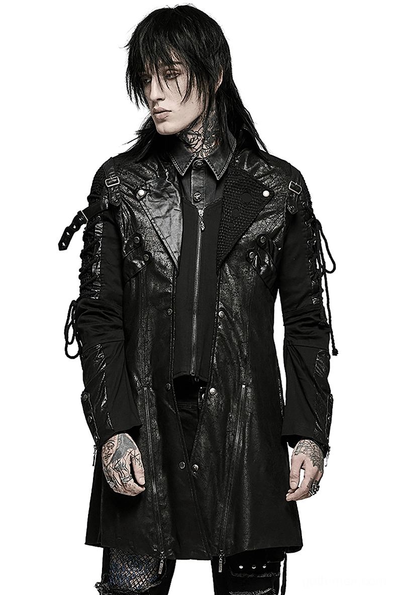 Black gothic lace-up trench coat front three-quarter view on male model wearing cracked faux leather