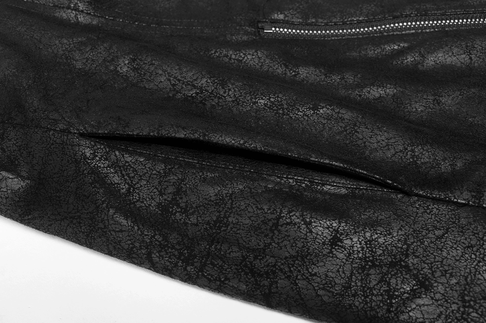 Close-up of cracked faux leather texture and side seam zipper on gothic trench coat