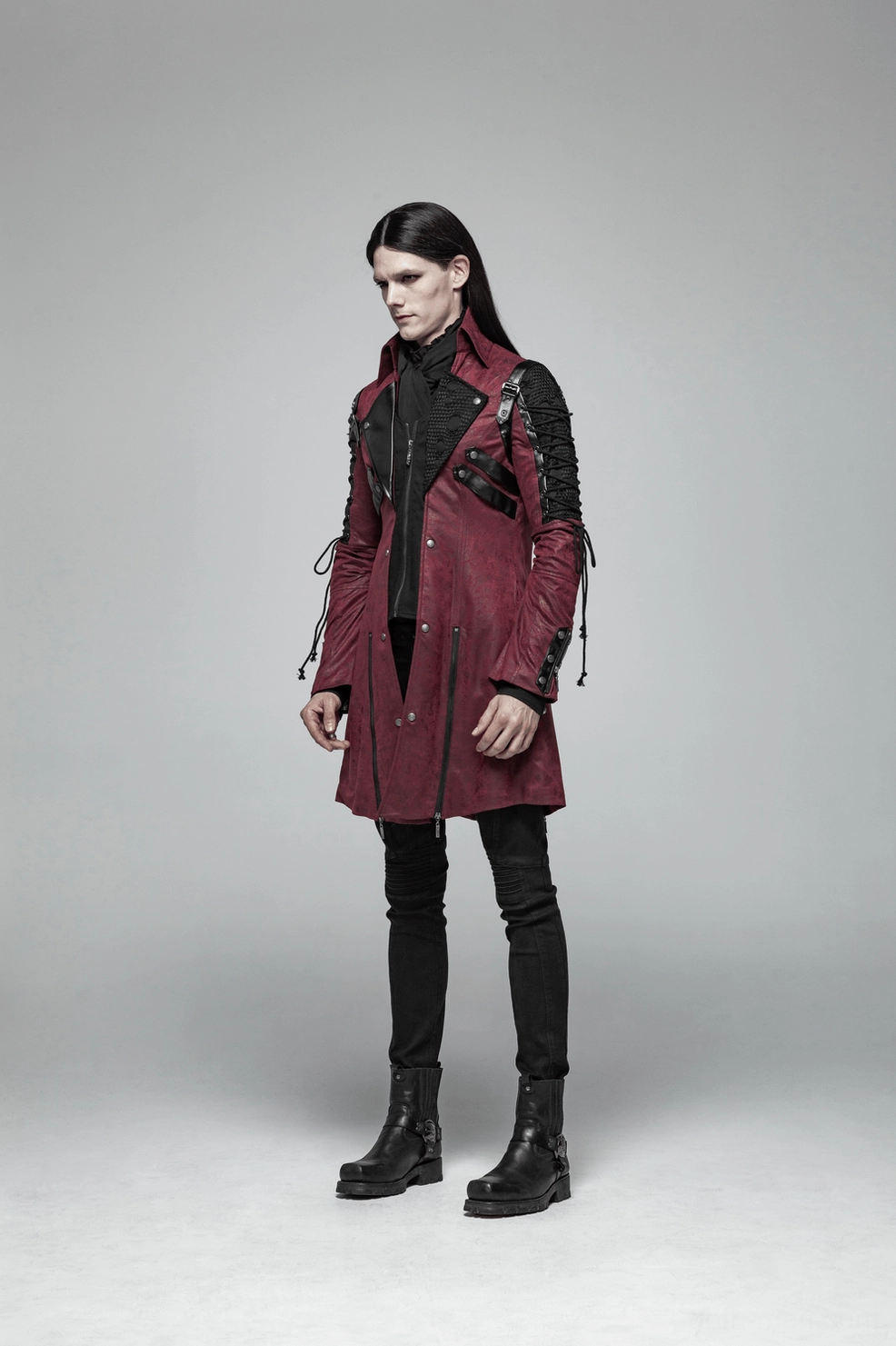 Burgundy gothic trench coat detail shot of metal button closures and leather accent panels