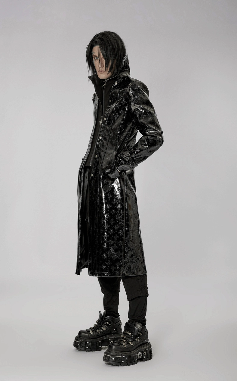 Black gothic patent leather trench coat front profile highlighting stand collar, metal hardware, and lustrous finish